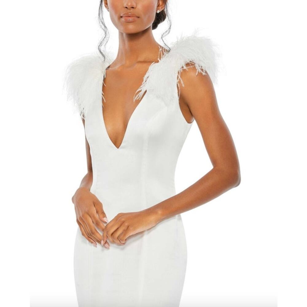 MAC DUGGAL Dress Size 8 Evening Gown NEW White Feather Shoulder V-Neck Column - Picture 5 of 10